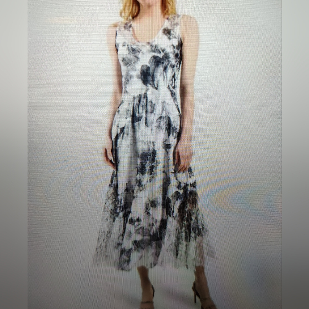 NEW Komarov Charmeuse & Lace Floral Watercolor Flowy Midi Dress M